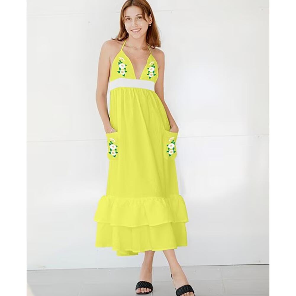 Fanm Mon Yamile Floral Embroidered Halter Linen Midi Dress | S, Yellow NWT $269 - Picture 4 of 8